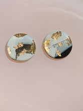 Load image into Gallery viewer, black and white marble oversized studs with gold flakes
