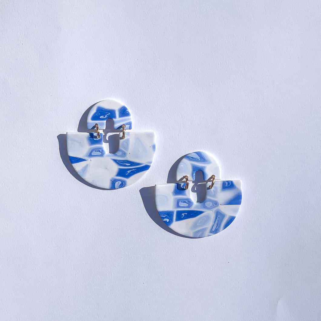 blue and white pattern dangles