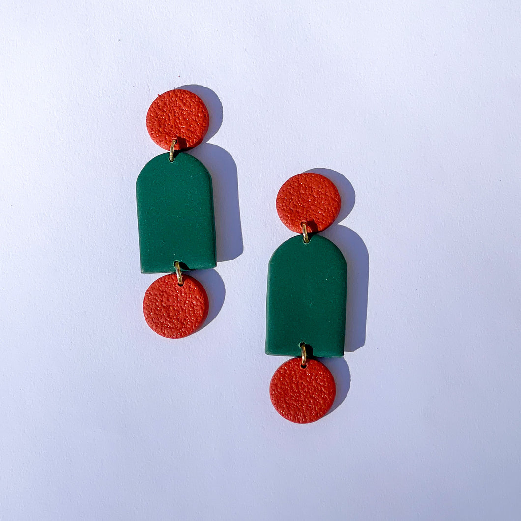 green and burnt orange color block dangles