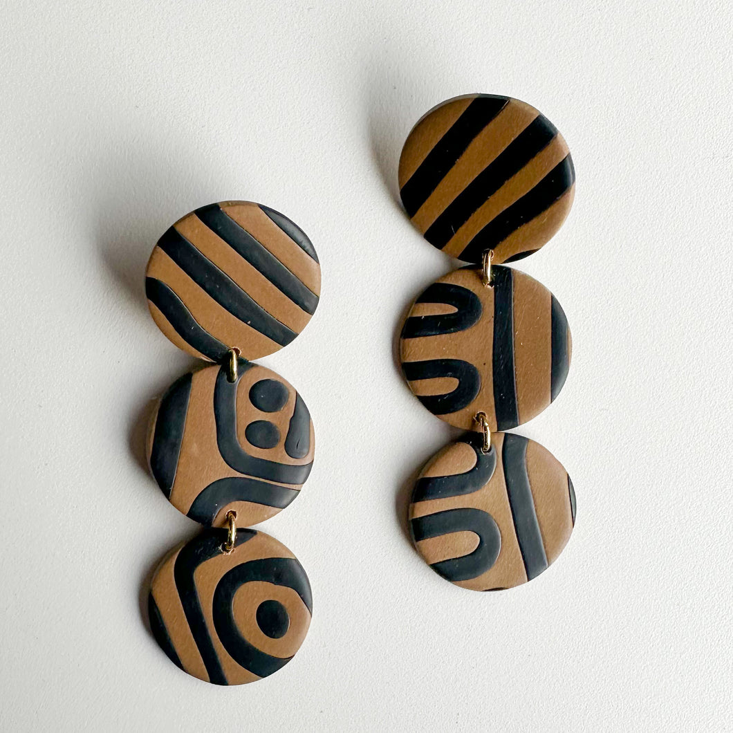 brown patterned three circle dangles